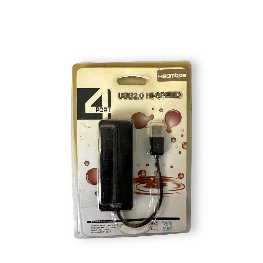 USB 2.0 Hub With Power Switch and LED 4 Port New in Package Black 480 Mbps